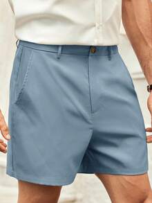 HIMLAND 男士简约纯色休闲短裤，直筒及膝裤，适合通勤，夏季 - 藍色 - 查看 6