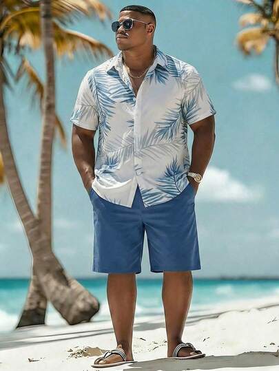 Manfinity Swimmode 加大码男士热带植物印花短袖衬衫和短裤沙滩套装