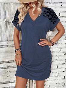 EMERY ROSE New Fashion Casual Dress, Front Panel Leopard Print V-Neck Dress For Women - Multicolor - View 3