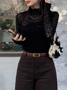 Women's Mesh Turtleneck Sheer Top, Layering Piece For Autumn - Black - View 7