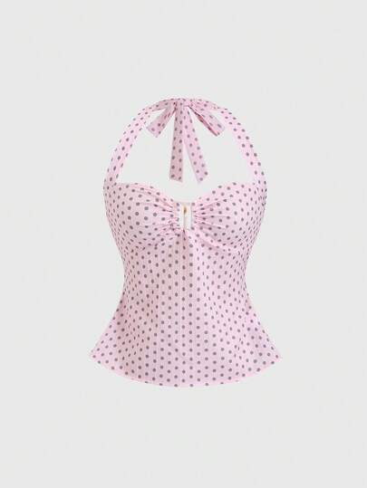 Sweetra Blusa de halter con decoración de anillo de resina con lunares rosas, para primavera/verano
