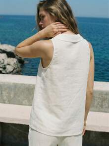 Lumivelle Women's Casual Solid White Flowy Collar Sleeveless Asymmetric Loose Blouse, Spring/Summer Sleeveless Linen Top Boho - White - View 2