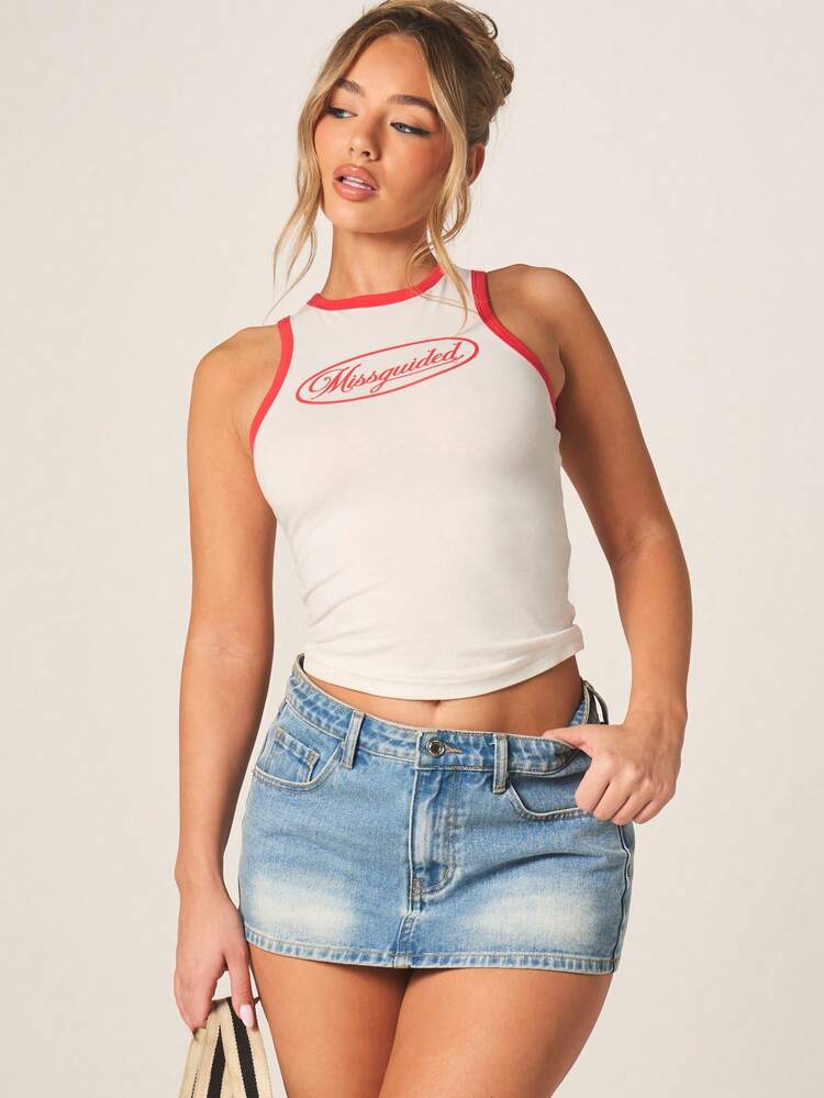MISSGUIDED Débardeur sans manches avec bordure rouge et imprimé du logo de la marque, top mode décontracté pour l'été