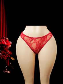 SHEIN 女士红色蕾丝蝴蝶装饰性感开裆内裤 - 酒紅色 - 查看 4