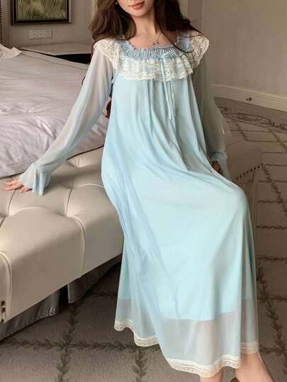 DAZY 浪漫蕾丝拼接荷叶边领轻薄网纱长款睡裙，女士，春夏款