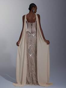 Elitara Petite Petite Elegant Luxurious Beaded Sequin Floral Mermaid Hem Dress Elastic Satin For Evening - Khaki - View 2