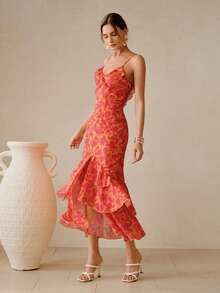 Swim Oasis Đầm dài hai dây thanh lịch in hoa, viền bèo nhún dành cho nữ, thích hợp cho mùa hè. - Nhiều màu - Xem 1