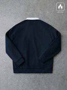 PAVTROS 宽松男士撞色领 Polo 衫长袖 Polo 衫橄榄球衫 Polo 衫橄榄球长袖男士秋冬装 - 藏蓝色 - 查看 2