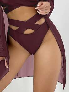 Swim Basics Bộ bikini gợi cảm màu trơn dành cho nữ, kiểu đan chéo, kèm áo khoác kimono, thích hợp cho mùa hè đi biển. - Màu Đỏ Sâu - Xem 4