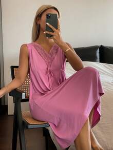 DAZY Women's Lace Patchwork Sleeveless Nightgown, Summer - Pink - View 5