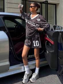 Muchica Women's Casual Striped T-Shirt And Shorts 2 Pieces Set, Summer - Black - View 3