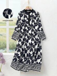 SHEIN RusticEase 女士圆领纽扣半开襟碎花休闲连衣裙，适合约会和外出穿着 - 黑與白 - 查看 3