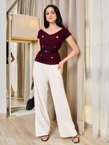 Modelyn Áo nữ dệt kim hai hàng cúc màu đỏ rượu vang - Màu Đỏ Sâu - Xem 1
