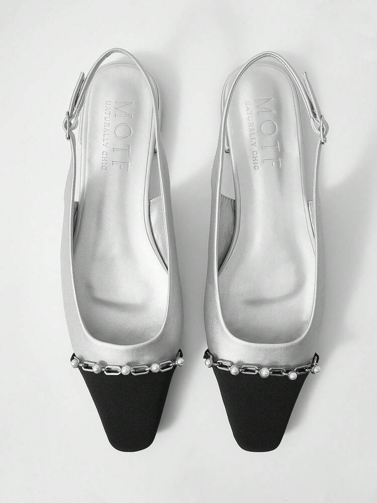 WOMEN'S FASHION COLOR BLOCK FAUX PEARL DECOR SLINGBACK FLAT SHOES