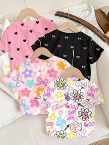 SHEIN 4 pièces/Set Tee-shirts à manches courtes, col rond pour bébé fille avec imprimés fleurs mignons, graffitis, nœuds et cœurs. Convient pour le printemps/été, la maison, les vacances, les pique-niques, la ferme, les sorties, la rentrée scolaire - Multicolore - Voir 2