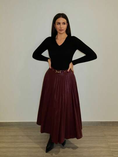 MDEdit 复古优雅派对女士百褶裙 红色PU皮休闲办公装假日长款百褶裙 酒红色百褶裙 仿皮裙 优雅裙 中长裙 酒红色裙子 秋季女装 冬季女装 圣诞节女装 感恩节女装