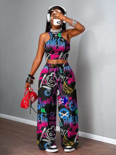 Slaydiva 2 piezas Conjunto de estilo casual de calle para mujer con camiseta ajustada y pantalones anchos de pierna ancha, adecuado para usar en la calle