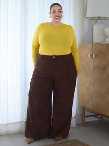 Pretty and Ole Plus Size Women's Solid Color Vintage Simple Daily Corduroy Rib Pants,Coffee Pants,Wide Leg Women Pants/Winter - Coffee Brown - View 1