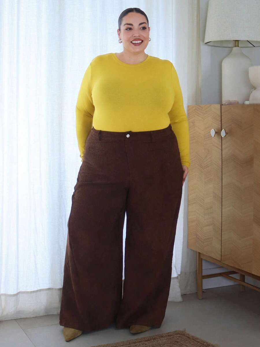 Pretty and Ole Plus Size Women's Solid Color Vintage Simple Daily Corduroy Rib Pants,Coffee Pants,Wide Leg Women Pants/Winter - Coffee Brown - View 1