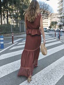 Nöista Wo Pieces Set With A Buttoned Top And Waist Tie.The Long Skirt Includes Lace Trim.Spring, Summer, Formal Event, Every Day Look Coordinated. - Burgundy - View 5