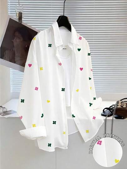 Almamuse 大码女式休闲全印花衬衫，春秋季