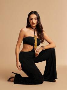 Silquee Women's Black Summer 70s Jumpsuit Gold Metallic Panels Backless Night Out Club Night Party Beach Club One-Piece Pants Loose Straps Leisure Travel Sexy - Black - View 7