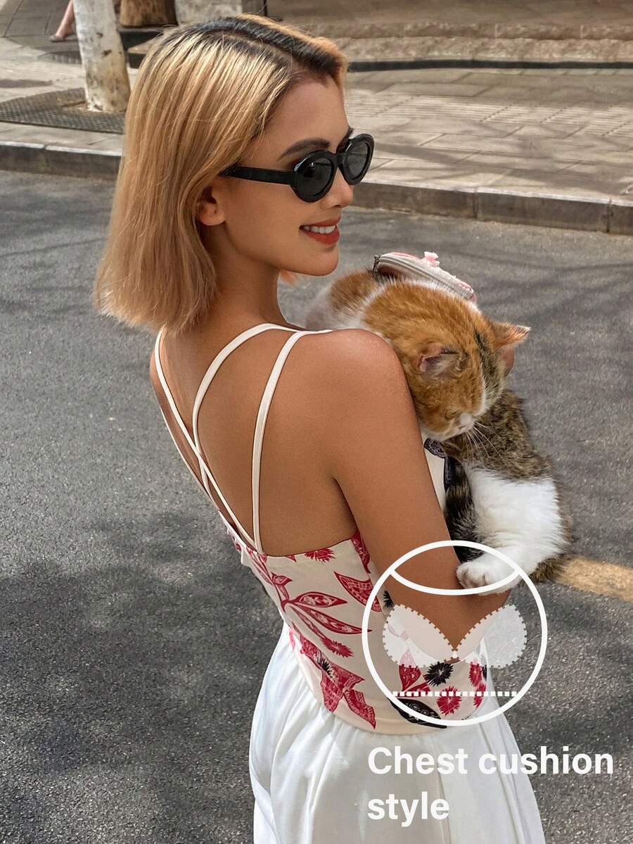 DAZY 女士印花V领荷叶边蕾丝修身衬衫 - 杏色 - 查看 1