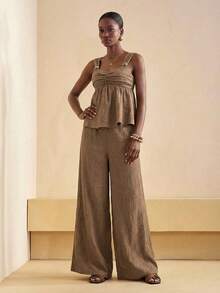 Zivah Khaki Summer Casual Vacation Holiday Women's Elegant Sweetheart Neckline Camisole With Metal Buckle Decoration & Wide-Leg Pants Two Pieces Set - Brown - View 9