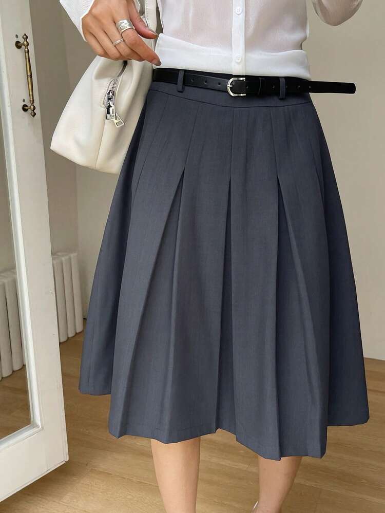 Women's Solid Color Pleated A-Line Skirt, Casual College Style Summer