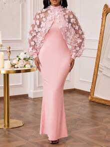 SHEIN Lady 大码女士优雅粉色派对连衣裙，立领、灯笼袖、薄纱、3D贴花和鱼尾下摆，适合春、夏、秋季穿着。夏季连衣裙、春季套装、女士派对连衣裙、优雅派对礼服、婚礼宾客礼服、女士正式礼服、女士奢华晚礼服、女士彩排晚宴礼服、粉色长袖礼服、长袖婚纱、曲线连衣裙、婚礼及活动、婚礼宾客礼服。 - 粉色 - 查看 4