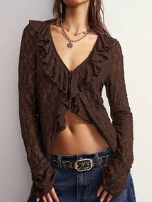 Blusa de manga larga con volantes de encaje de punto de unicolor casual bohemio para mujer - Marrón Chocolate - Ver 7