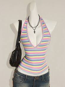 SHEIN ICON Sexy Deep V-Neck Rainbow Striped Tight Camisole - Multicolor - View 1