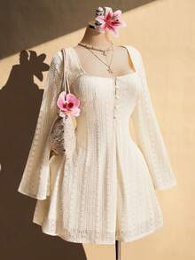 SHEIN ICON Đầm chữ A dáng ôm eo cổ vuông gợi cảm phong cách Y2K, phong cách Boho, thích hợp cho kỳ nghỉ, mùa xuân và mùa thu. - Màu be - Xem 4