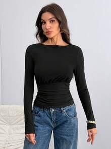 SHEIN Tall 深V露背长袖上衣 冬季黑色 - 黑色 - 查看 10