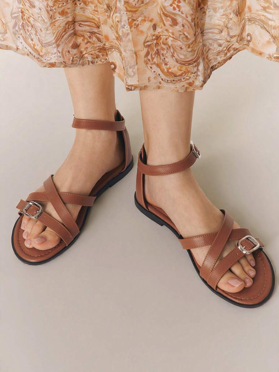 Styleloop Ladies, Buckles, Trim, Flat Sandals Summer Shoes - Brown - View 1
