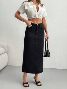 EURMUSE High Waist Front Slit Midi Denim Skirt - Black - View 6
