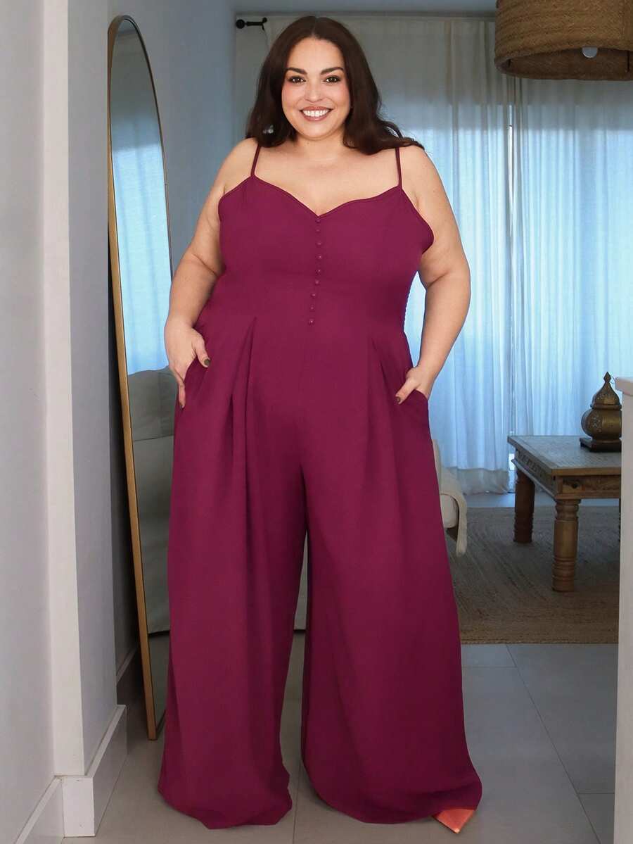 Pretty and Ole Plus Size Women's Elegant Dignified Button Strap Pleated Waist Wide Leg Jumpsuit - Purple - View 1
