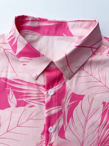 VIVINTIMO Conjunto de camisa y pantalones cortos con estampado de plantas para hombre, casual, para vacaciones - Rosa - Ver 4