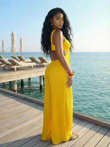 Slaydiva 2026 Spring/Summer New Vacation Yellow Boho Textured Camisole With Wide-Leg Cutouts Women Jumpsuit.Suitable For Everyday Outings, Boho , Travel, Beach, Western, Nomadic, Dating, Parties, Shopping, Afternoon Tea, Vacation, Trip, Concert, Airport Outfit, Brunch Outfit, Club-A Yellow Dress Maxi Elisanya Yellow Dress For Women Beach Yellow Dress Maxi Pregnancy Yellow Outfits For Women Yellow Cover Up - Yellow - View 3