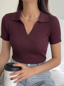 DAZY Áo dệt kim tay ngắn màu trơn dành cho nữ, kiểu dáng thường ngày, thích hợp cho công sở. - Màu Đỏ Sâu - Xem 5