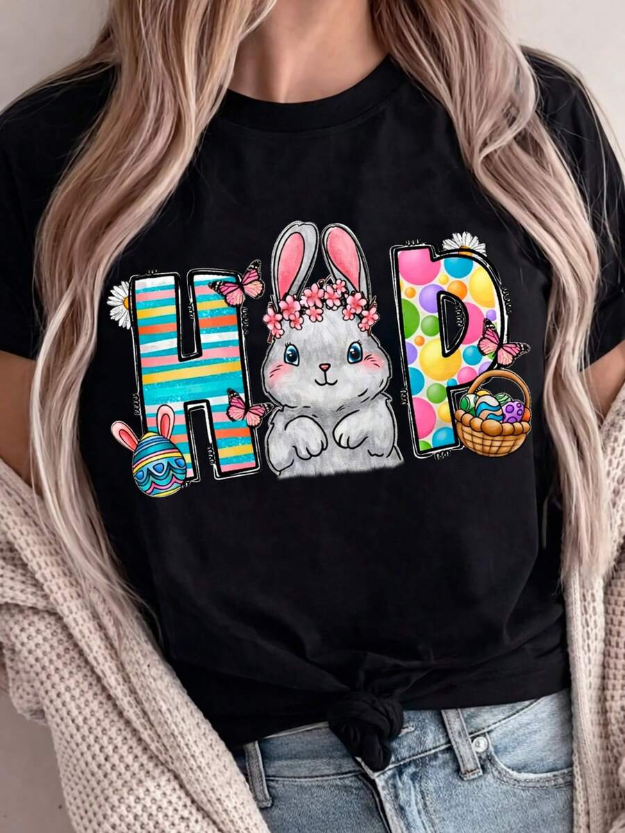 T-Shirt With HOP Text And The Image Of A Rabbit, Very Colorful Printed Design, Tender, Modern, Round Neck, Short Sleeves, Ideal For Every Day, Eye-Catching, Loose,, Ideal For You. - Black - View 1