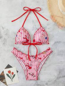 Swim Mod Bộ bikini hai mảnh in họa tiết ngẫu nhiên gợi cảm dành cho nữ, kiểu dây buộc nơ, thích hợp cho kỳ nghỉ biển. - Nhiều màu - Xem 7