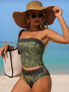 Swim Lushoire Women's Green Summer Boho Beach Vacation Holiday Holiday Tropical Coconut Tree Print Tankini Swimwear Set,Strapless Backless High Waist Bikini Set - Green - View 4