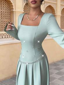 SHEIN Elenzya 优雅的女士绿色冬季连衣裙，带有水钻设计，适合约会、派对和聚会 - 綠色 - 查看 6