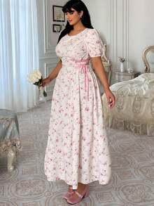 Lyrianda Modest Plus Size French Jacquard Tie-Up Dress,Summer White Floral Maxi Curve Tea Party Holiday Milkmaid Cottagecore Puffy Sleeve Elegant Midi Dress - Apricot - View 6