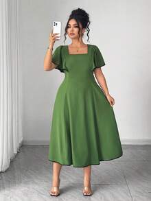 SHEIN Elenzya 优雅夏季女式连衣裙，采用大号梭织面料制成 - 綠色 - 查看 7