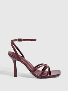 CUCCOO SZL Women's Square Toe Rhinestone Ankle Strap Sandals For Christmas Prom Heels Summer Shoes - Burgundy - View 4
