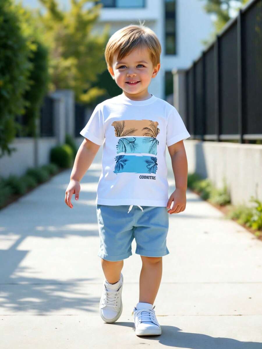 Streecool Kids 两件套男童字母印花圆领短袖T恤和抽绳短裤，休闲日常穿着 - 彩色 - 查看 1