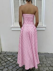 Vestido bandeau con cintura ceñida y estampado de lunares, estilo vacacional - Iron Gray - Ver 2