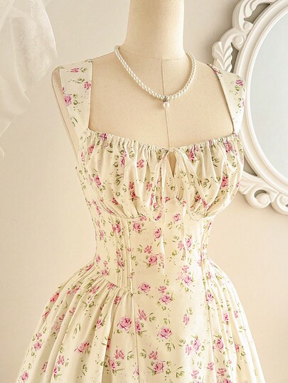 Vintamour Vintage Elegant Women's Dress With Pockets, Ditsy Floral, Ruched Bodice, Spaghetti Strap, Casual Holiday Party Dress